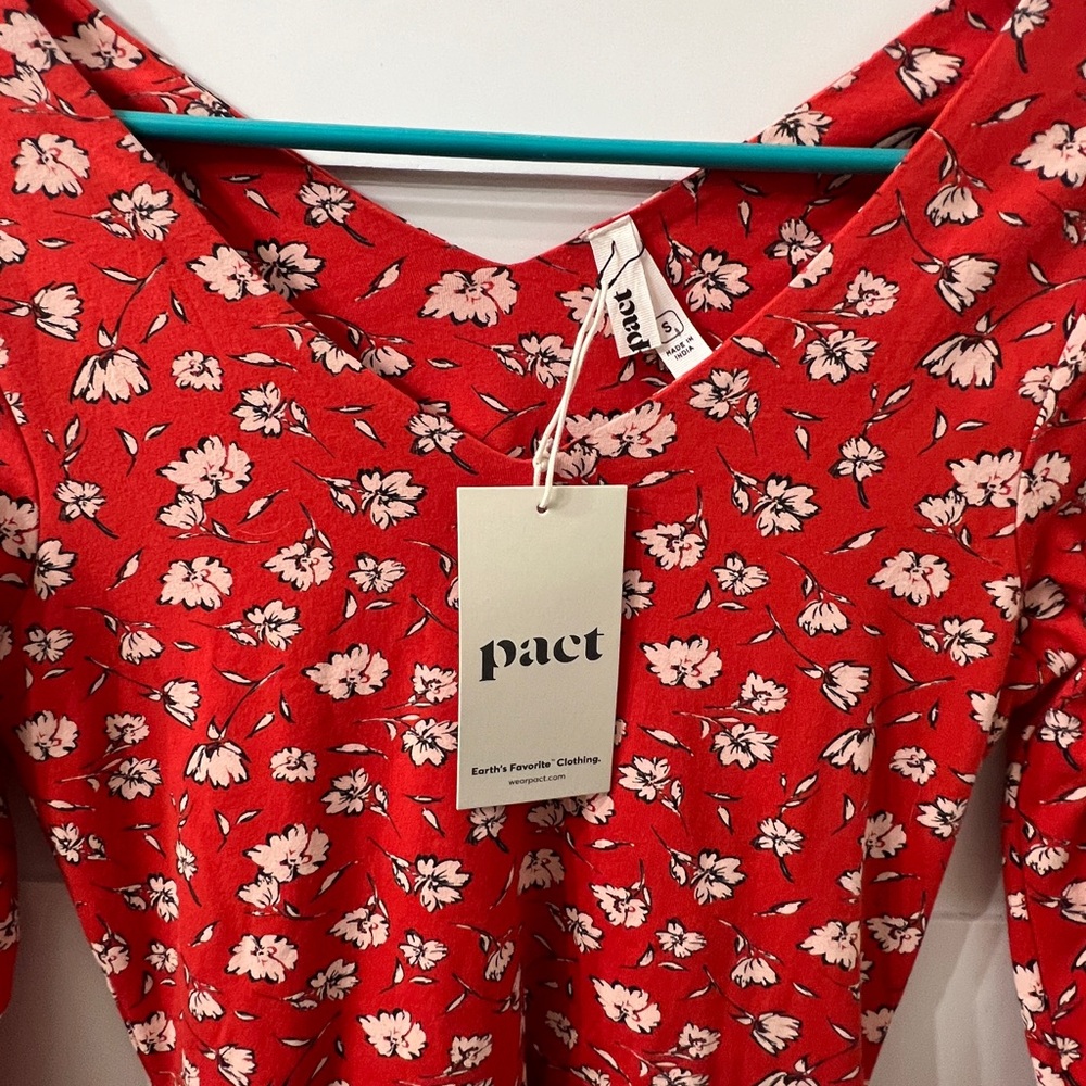 PACT organic cotton Red Floral 3/4 sleeve side pocket midi dress Size S - Picture 2 of 5
